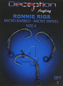 Deception Angling Ronnie Rigs (3 per pack) - Size 4 Micro Barbed with Micro swivel