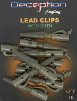 Deception Angling Lead Clips with tails and pins (10 per pack) - WEED GREEN